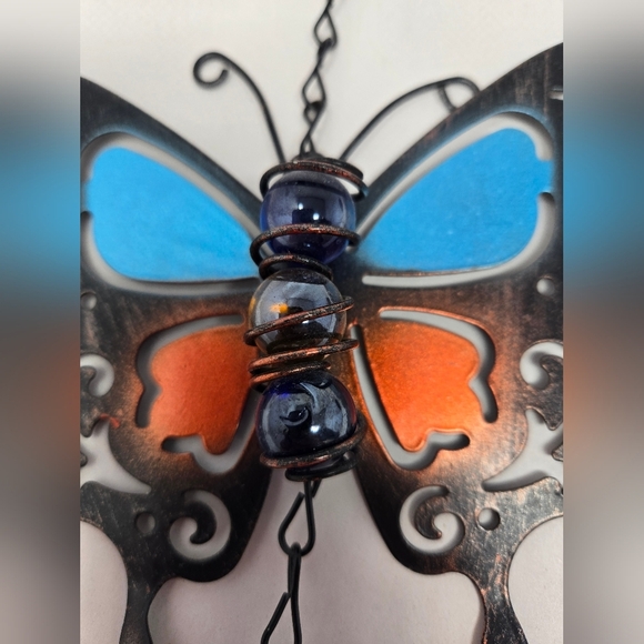 Metal Butterfly Windchime Bell Decorative Marbles Blue Orange Black Cut Out - Picture 10 of 11